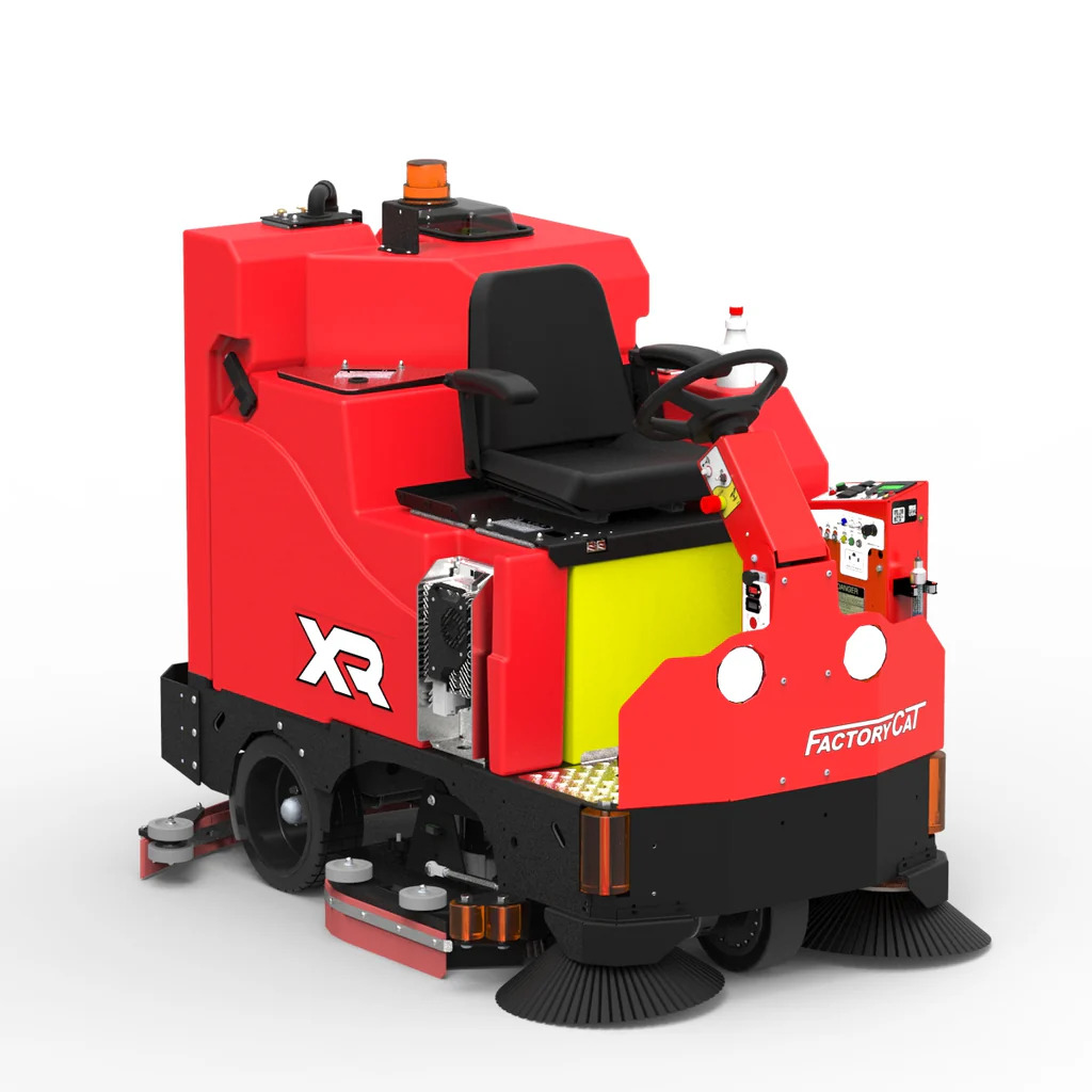 Factory Cat XR 46 inch battery powered rider floor scrubber for sale or rental, heavy-duty commercial floor cleaning machine for warehouses and factories